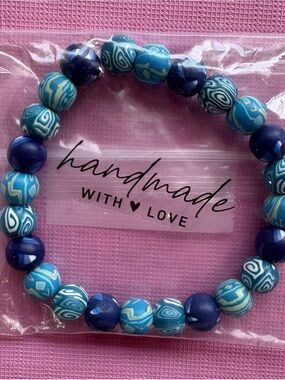 Handmade Blue Patterned Beaded Bracelet